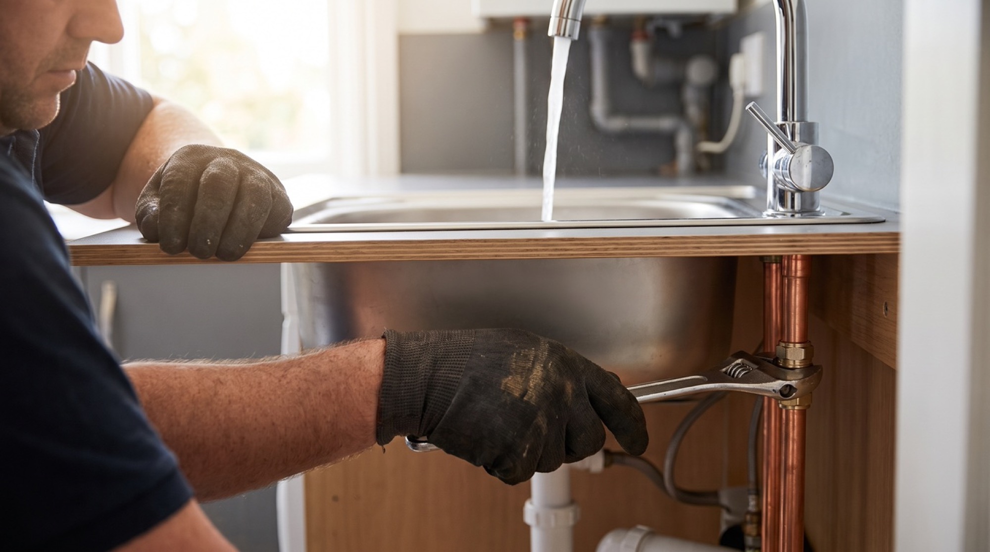 A plumber's gloved hands tightening a fitting under a kitchen sink