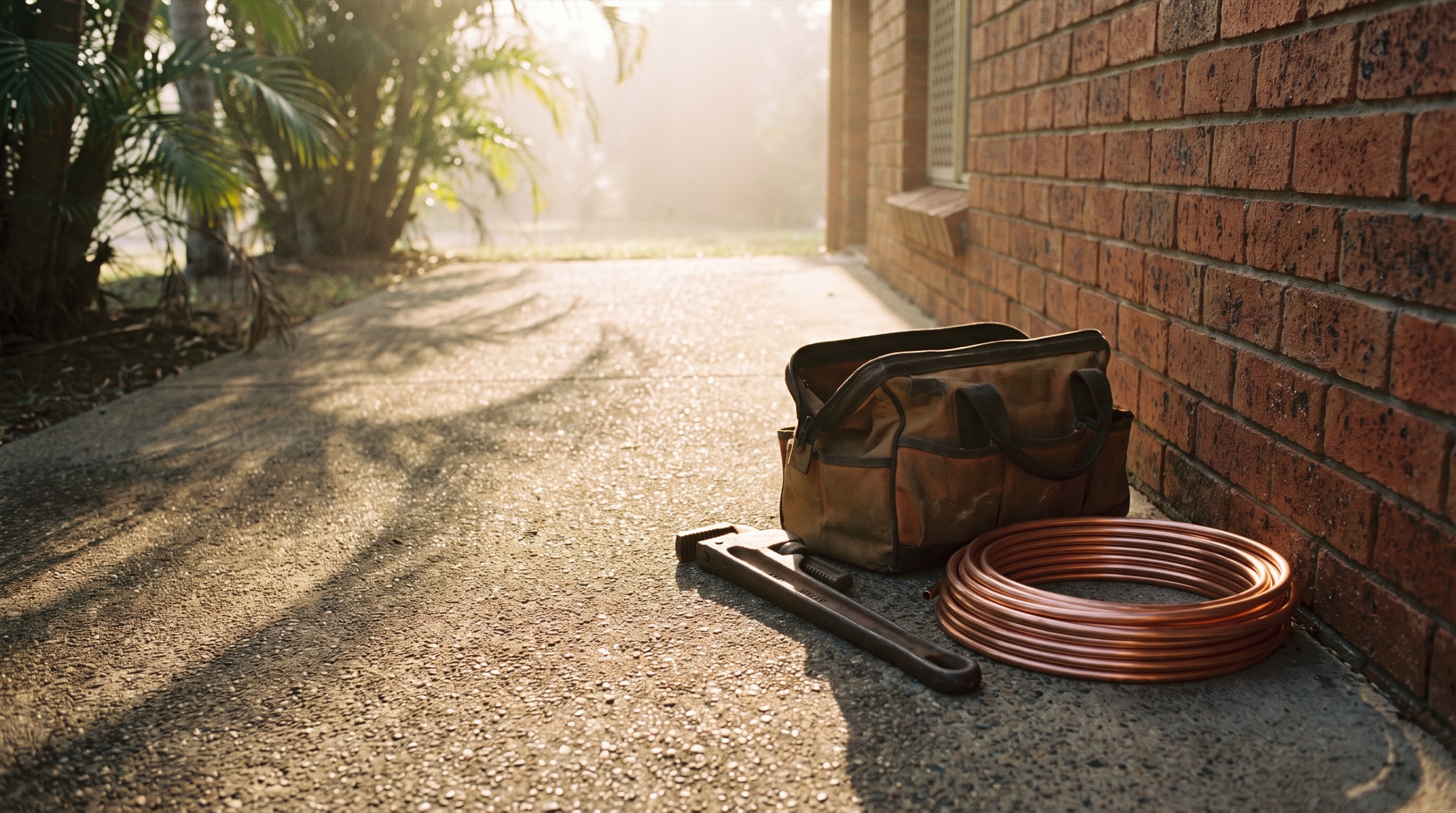 A plumber's tool bag, pipe wrench and coil of copper pipe on a concrete path in morning light