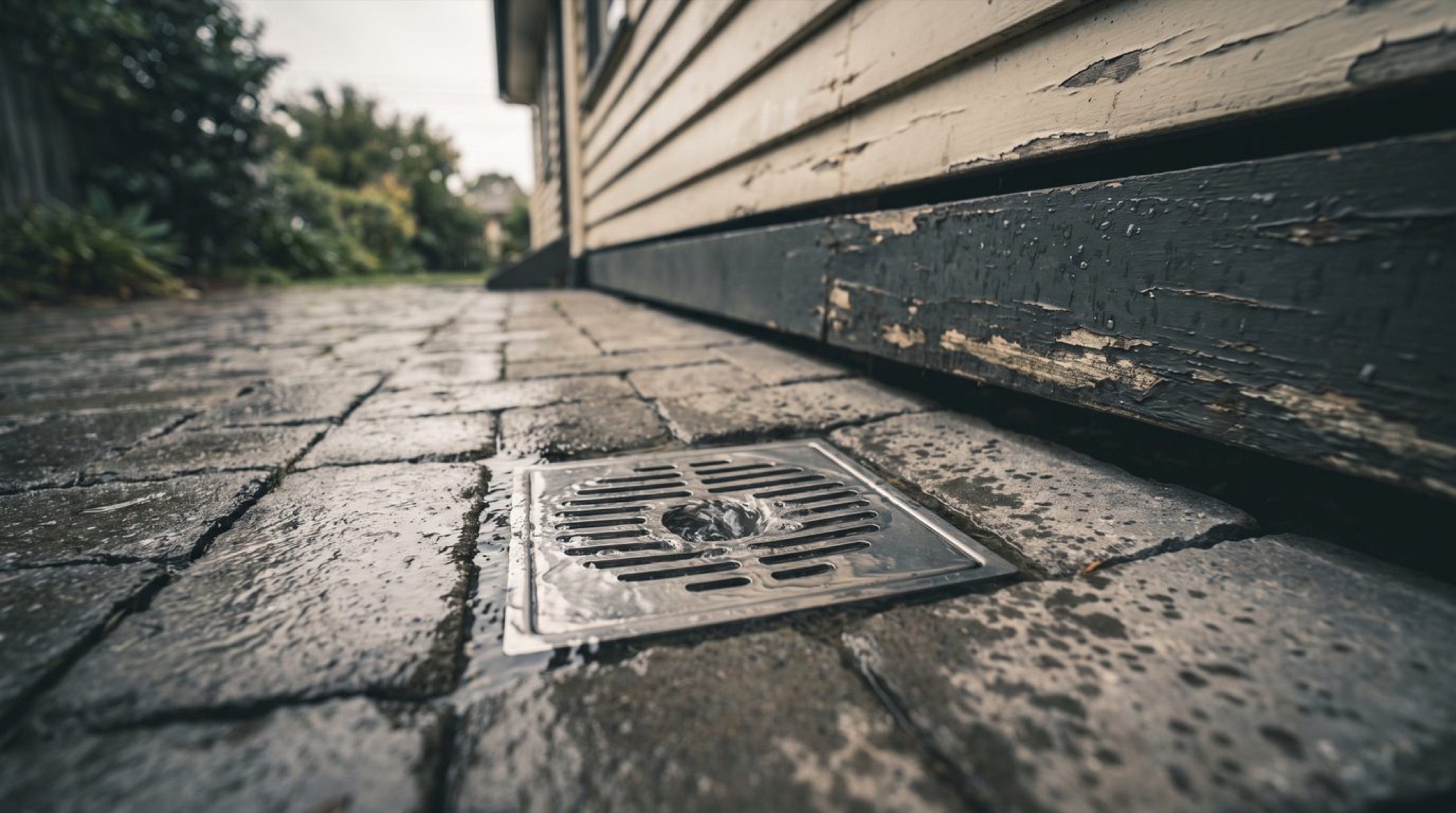 A stainless floor waste grate set into wet pavers beside a house after rain