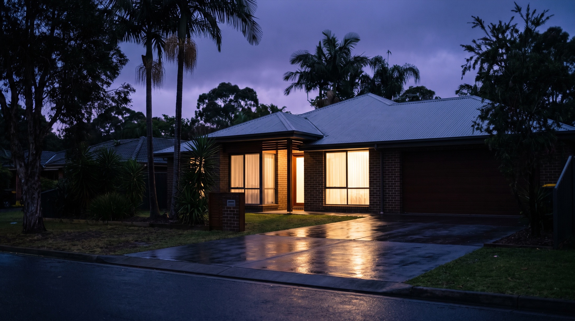 A brick home at dusk with lit windows and a wet driveway after evening rain