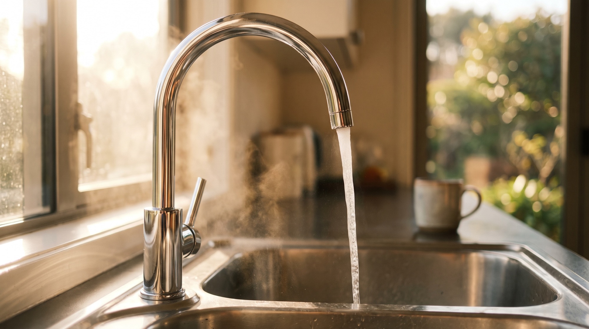 A chrome kitchen mixer running clear water into a stainless steel sink