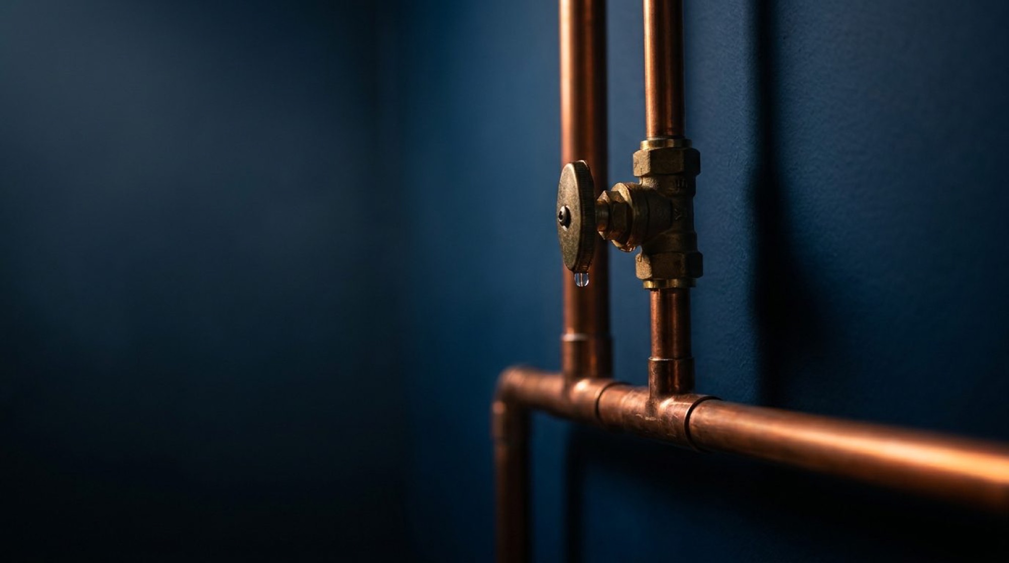 A copper pipe and brass isolation valve against a deep blue wall