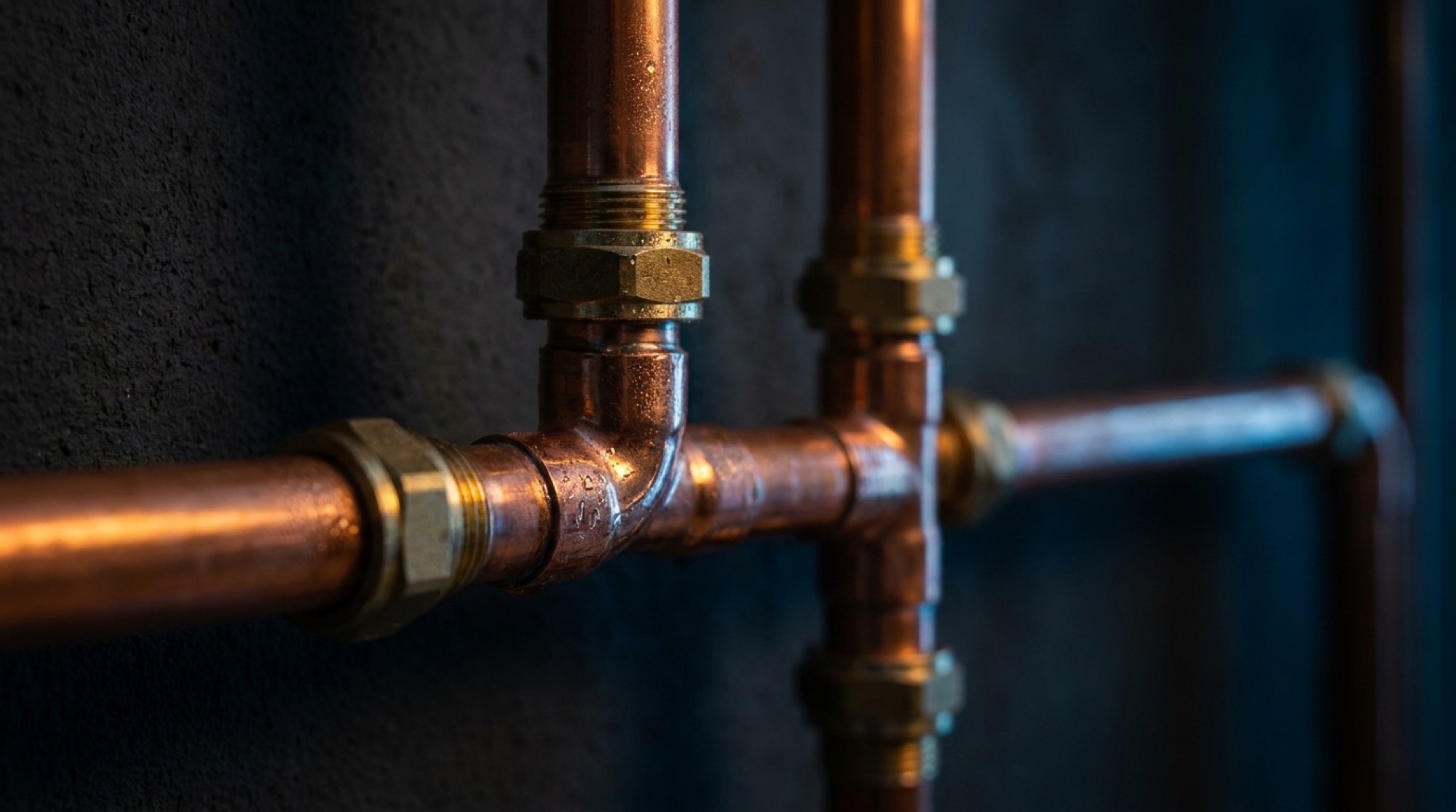 Polished copper pipework and a brass compression fitting against a dark wall