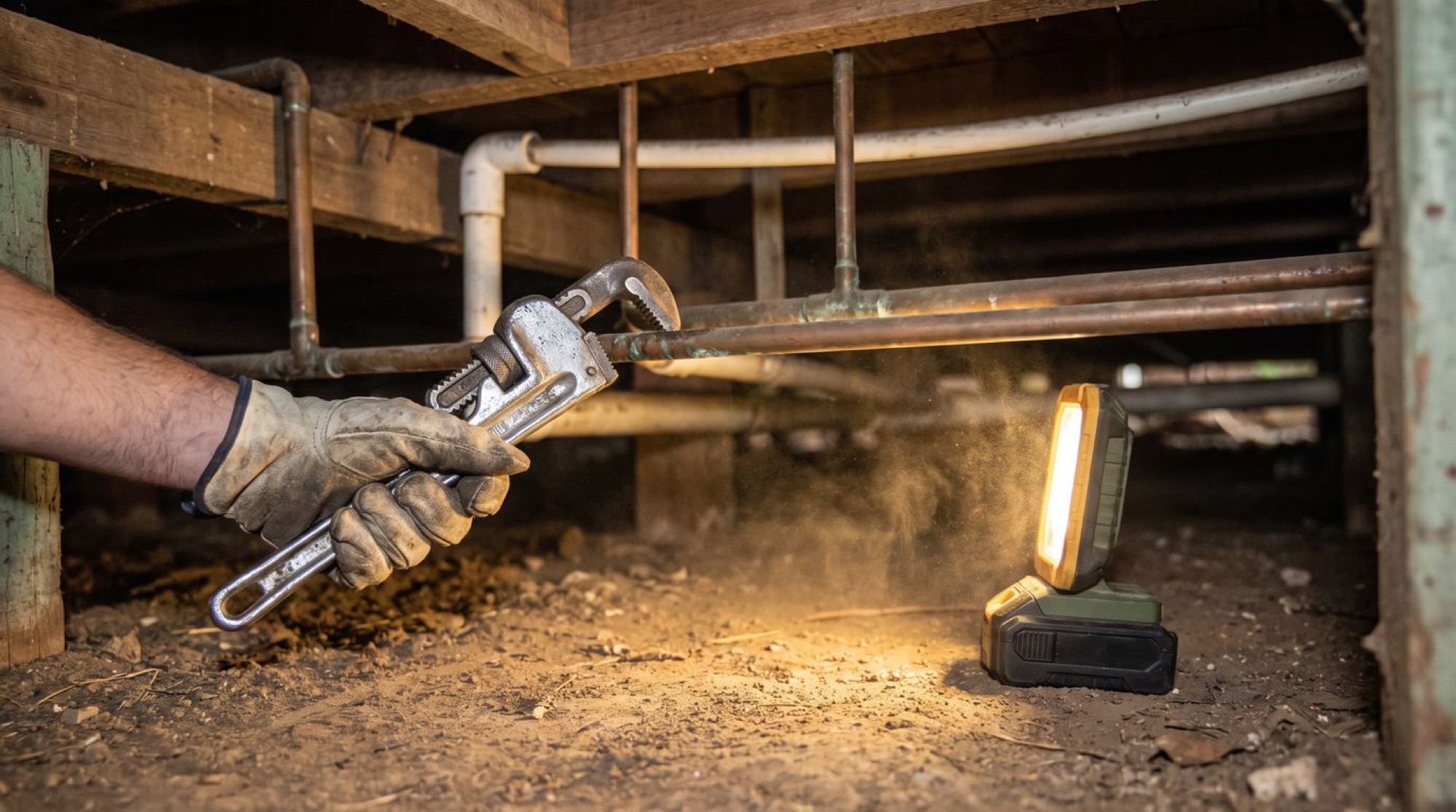 A pipe wrench on copper pipework under a floor, lit by a work light