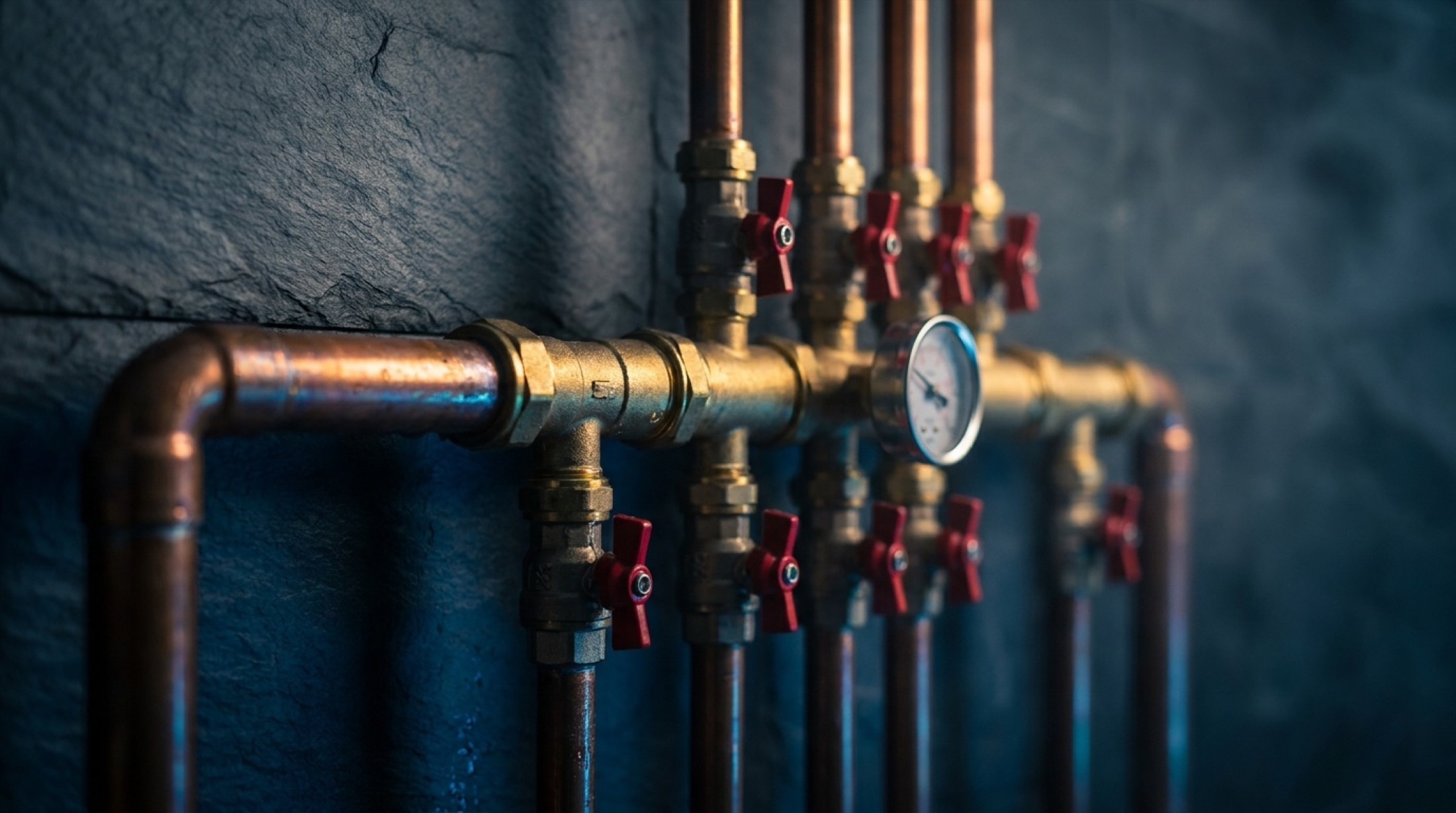 A copper and brass water manifold with isolation valves mounted on a dark wall