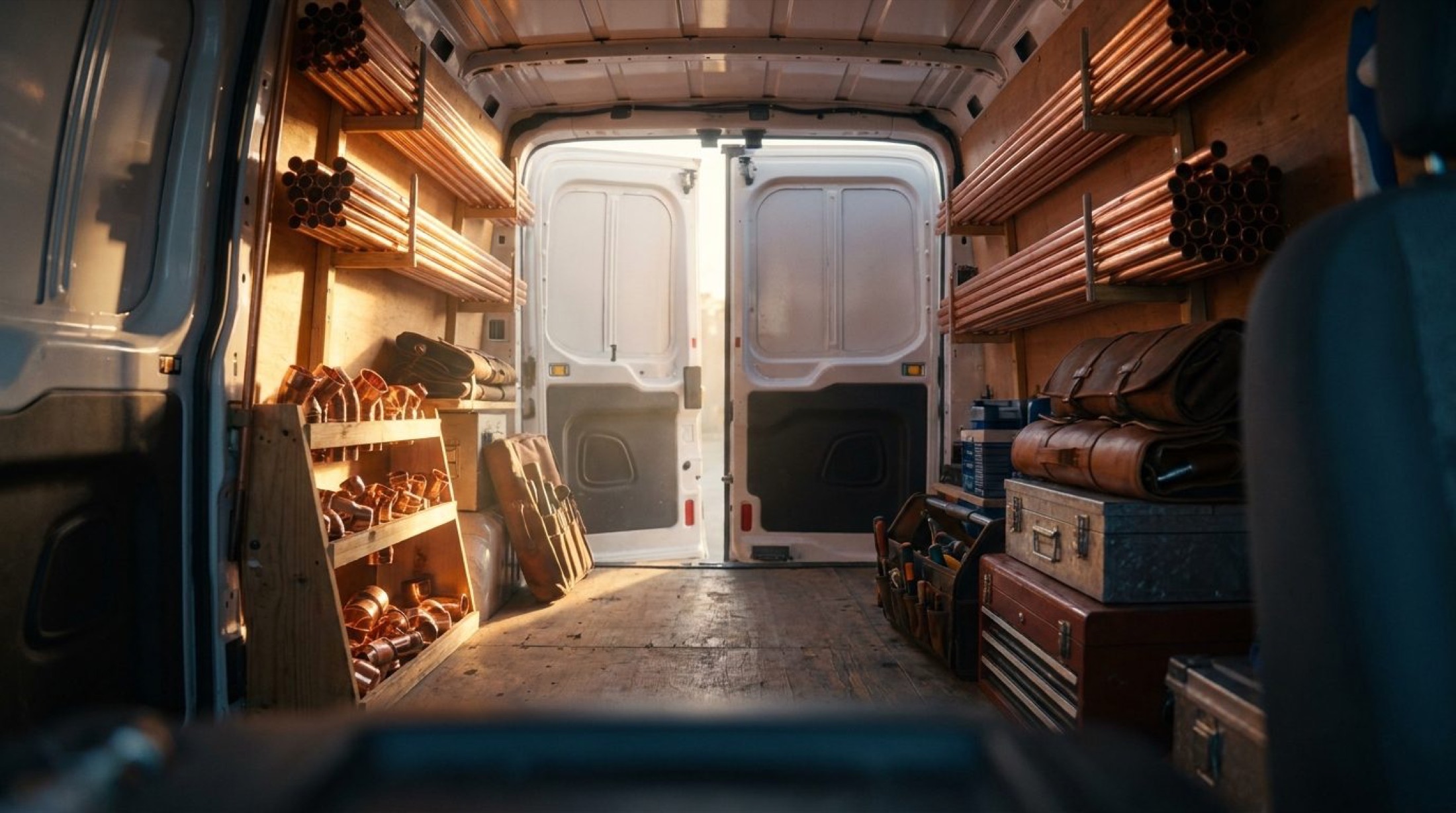 The inside of a fitted-out plumbing van stocked with copper pipe and tool rolls