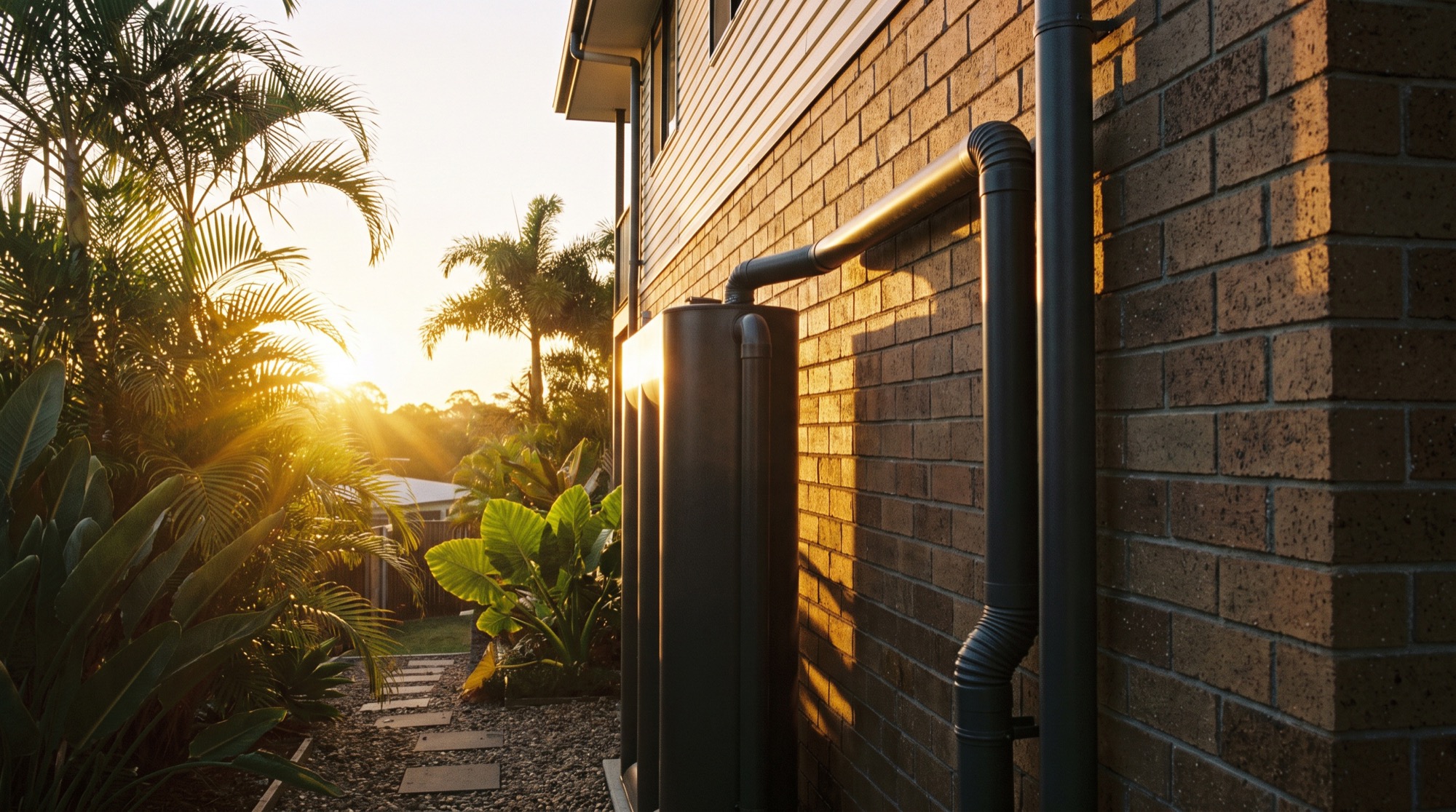 A slimline rainwater tank and downpipe beside a brick home at golden hour