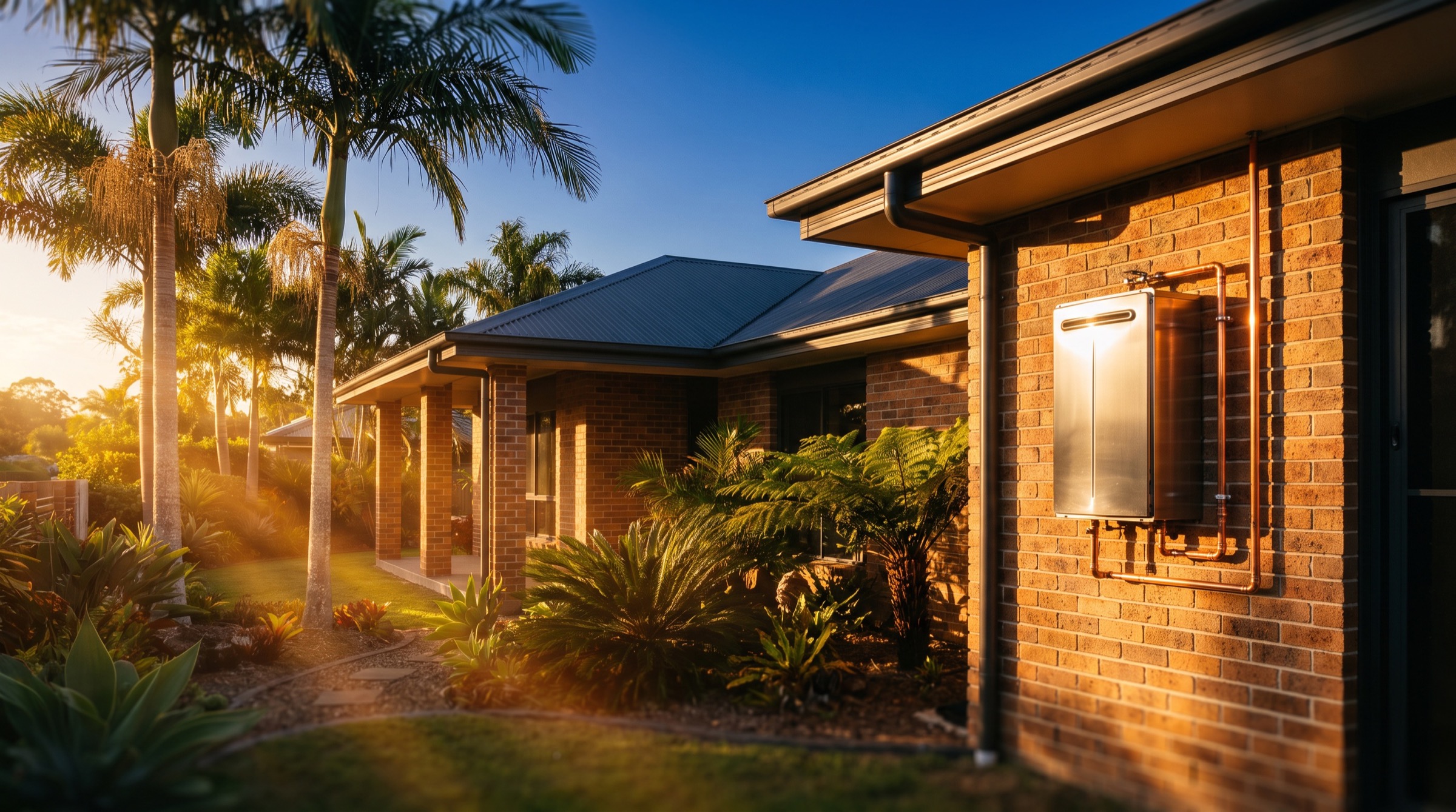 A brick home with a Colorbond roof and palms at golden hour, with a wall-mounted hot water unit and copper pipework