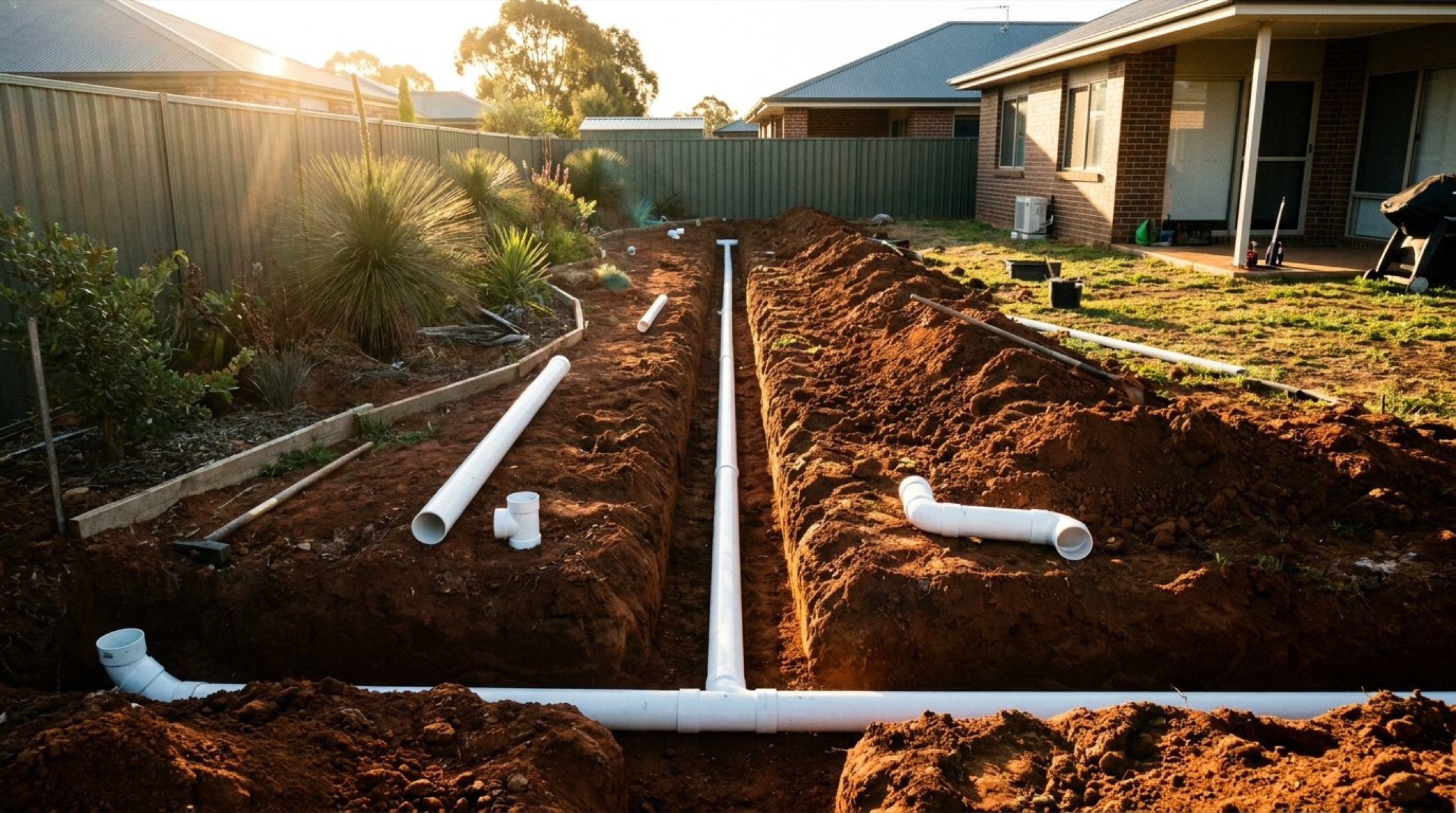 Open trenches with white drainage pipes laid beside a brick home at golden hour