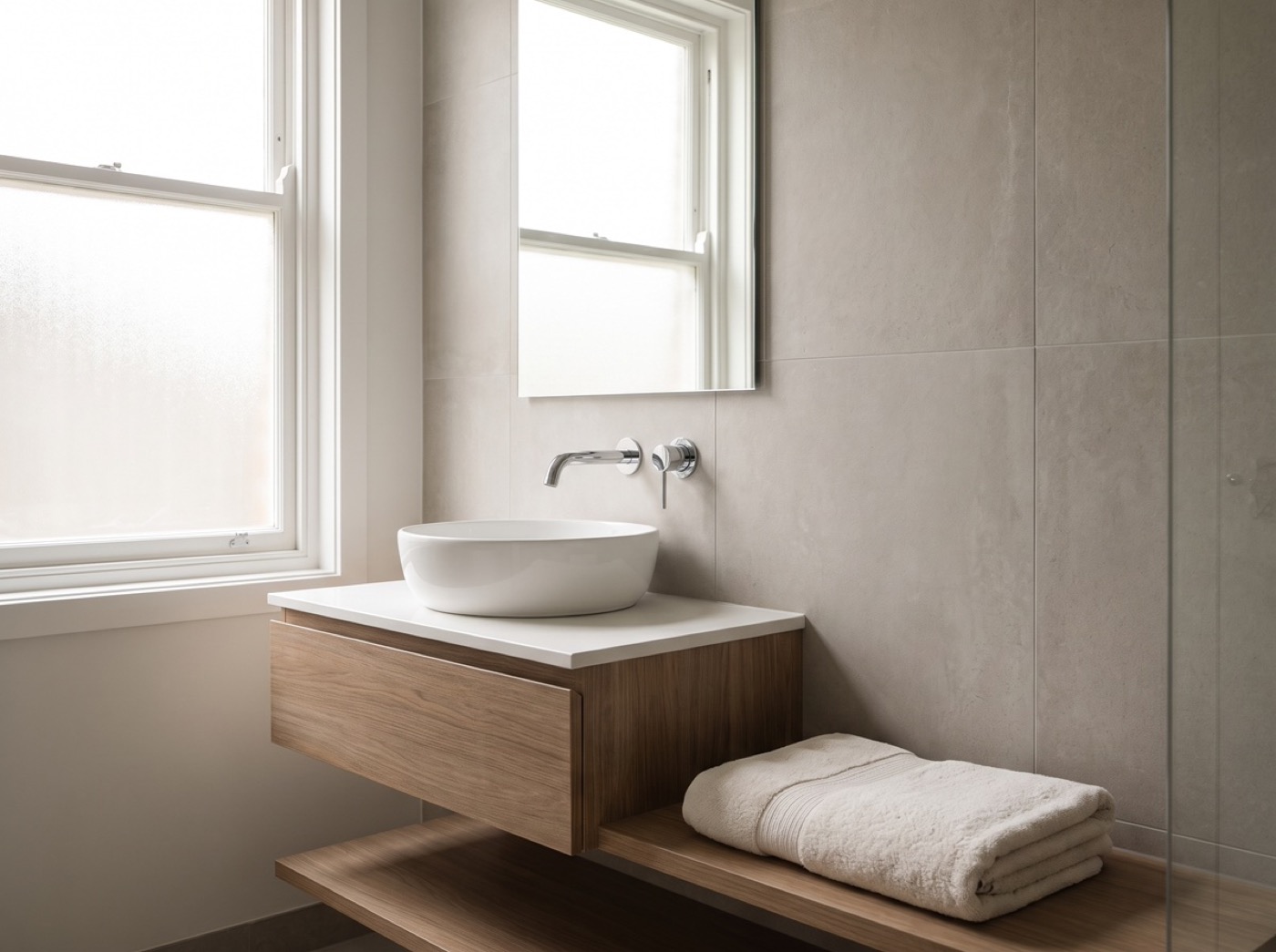 A finished bathroom with a basin, wall mixer and tiled walls