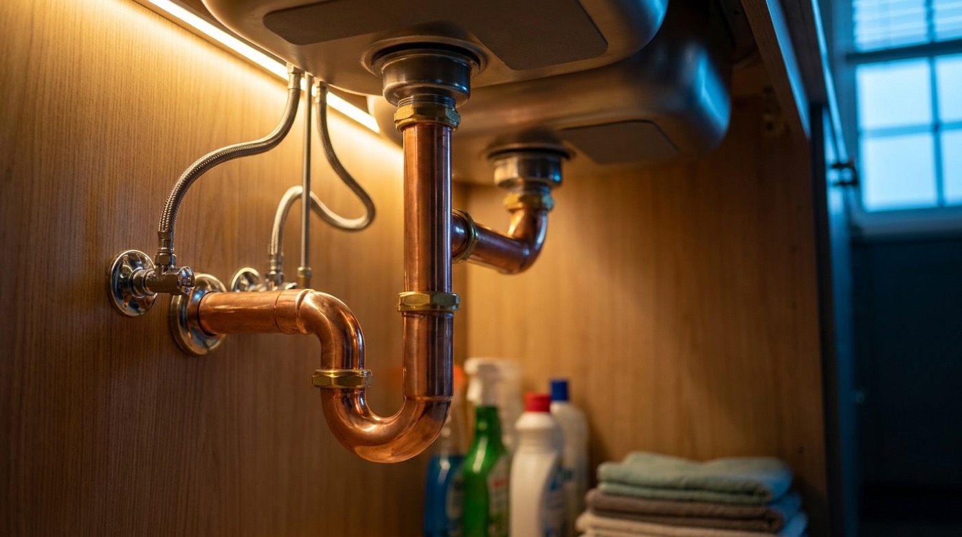 Copper waste pipes and a P-trap under a kitchen sink