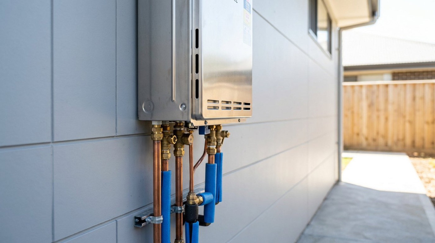 A wall-mounted hot water unit with copper and insulated pipework