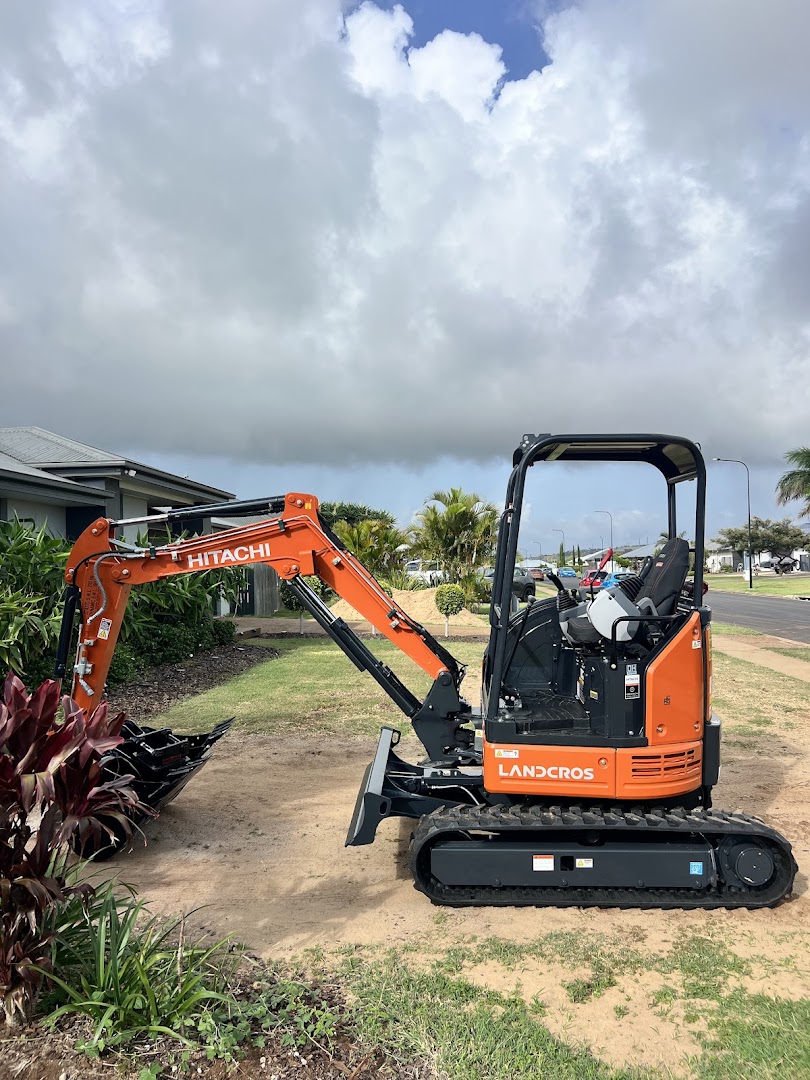 A mini excavator parked beside a garden on a Bundaberg street lined with palms